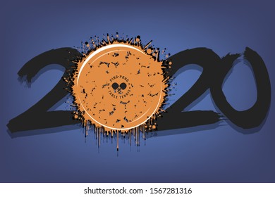 Abstract numbers 2020 and a ping-pong ball from blots. 2020 New Year on an isolated background. Design pattern for greeting card. Grunge style. Vector illustration