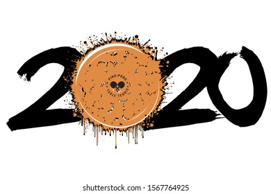 Abstract numbers 2020 and a ping-pong ball from blots. 2020 New Year on an isolated background. Design pattern for greeting card. Grunge style. Vector illustration