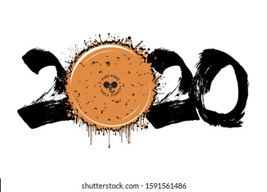 Abstract numbers 2020 and ping-pong ball made of blots in grunge style. 2020 New Year on an isolated background. Design pattern. Vector illustration