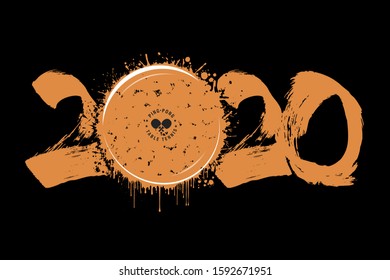 Abstract numbers 2020 and ping-pong ball made of blots in grunge style. 2020 New Year on an isolated background. Design pattern. Vector illustration