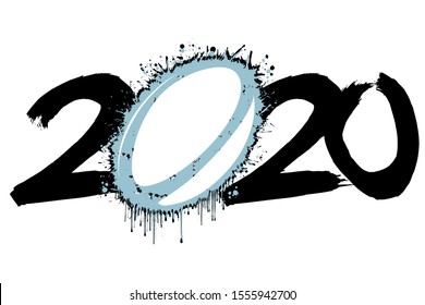 Abstract numbers 2020 and a rugby ball from blots. 2020 New Year on an isolated background. Design pattern for greeting card. Grunge style. Vector illustration