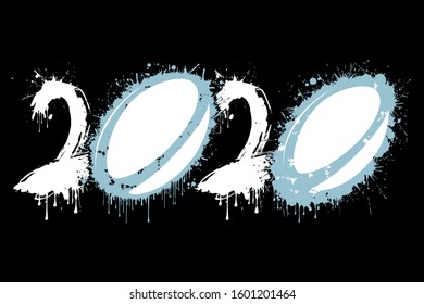 Abstract numbers 2020 and rugby ball made of blots in grunge style. 2020 New Year on an isolated background. Design pattern. Vector illustration