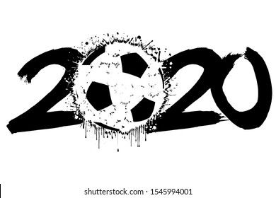 Abstract numbers 2020 and a soccer ball from blots. 2020 New Year on an isolated white background. Design pattern for greeting card. Grunge style. Vector illustration