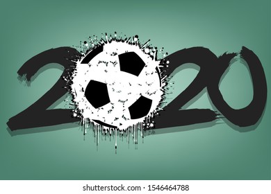 Abstract numbers 2020 and a soccer ball from blots. 2020 New Year on an isolated white background. Design pattern for greeting card. Grunge style. Vector illustration