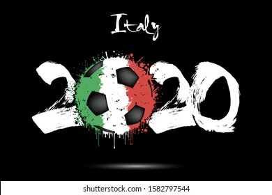 Abstract numbers 2020 and soccer ball painted in the colors of the Italy flag in grunge style. Figures 2020 and flag of Italy in the form of a soccer ball made of blots. Vector illustration