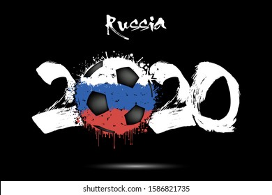 Abstract numbers 2020 and soccer ball painted in the colors of the Russia flag in grunge style. Figures 2020 and flag of Russia in the form of a soccer ball made of blots. Vector illustration