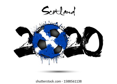 Abstract numbers 2020 and soccer ball painted in the colors of the Scotland flag in grunge style. Figures 2020 and flag of Scotland in the form of a soccer ball made of blots. Vector illustration