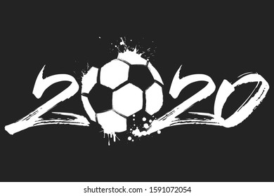 Abstract numbers 2020 and soccer ball made of blots in grunge style. 2020 New Year on an isolated background. Design pattern. Vector illustration