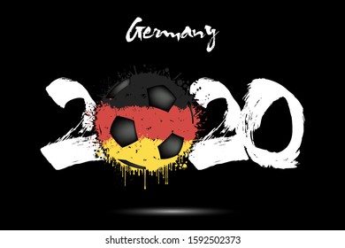 Abstract numbers 2020 and soccer ball painted in the colors of the Germany flag in grunge style. Figures 2020 and flag of Germany in the form of a soccer ball made of blots. Vector illustration