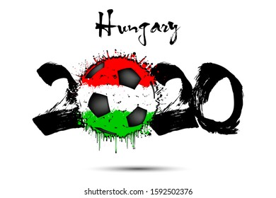 Abstract numbers 2020 and soccer ball painted in the colors of the Hungary flag in grunge style. Figures 2020 and flag of Hungary in the form of a soccer ball made of blots. Vector illustration