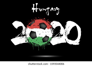 Abstract numbers 2020 and soccer ball painted in the colors of the Hungary flag in grunge style. Figures 2020 and flag of Hungary in the form of a soccer ball made of blots. Vector illustration
