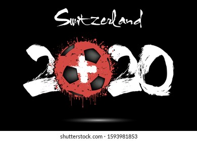 Abstract numbers 2020 and soccer ball painted in the colors of the Switzerland flag in grunge style. 2020 and flag of Switzerland in the form of a soccer ball made of blots. Vector illustration