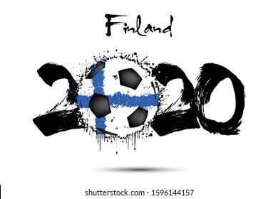 Abstract numbers 2020 and soccer ball painted in the colors of the Finland flag in grunge style. Figures 2020 and flag of Finland in the form of a soccer ball made of blots. Vector illustration