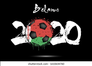 Abstract numbers 2020 and soccer ball painted in the colors of the Belarus flag in grunge style. Figures 2020 and flag of Belarus in the form of a soccer ball made of blots. Vector illustration