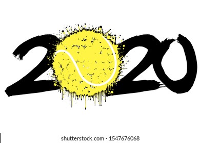 Abstract numbers 2020 and a tennis ball from blots. 2020 New Year on an isolated background. Design pattern for greeting card. Grunge style. Vector illustration