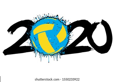 Abstract numbers 2020 and a volleyball ball from blots. 2020 New Year on an isolated background. Design pattern for greeting card. Grunge style. Vector illustration