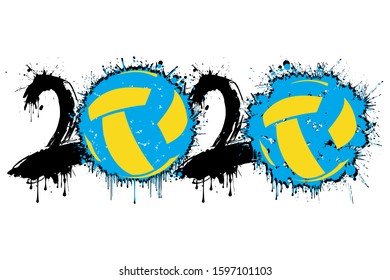 Abstract numbers 2020 and volleyball ball made of blots in grunge style. 2020 New Year on an isolated background. Design pattern. Vector illustration