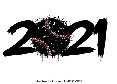 Resumen de números 2021 y una pelota de béisbol de masas. Año Nuevo 2021 en un contexto aislado. Patrón de diseño para tarjeta de felicitación. Estilo Grunge. Ilustración del vector