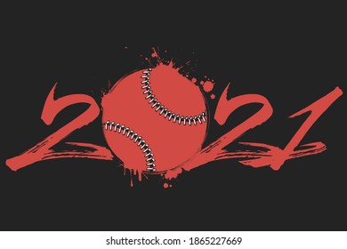 Abstrakte Zahlen 2021 und Baseball Ball aus Blots im Grunge-Stil. 2021 Neujahr auf isoliertem Hintergrund. Design-Muster. Vektorgrafik