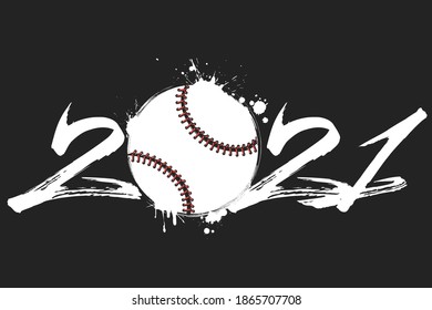 Abstract numbers 2021 and baseball ball made of blots in grunge style. 2021 New Year on an isolated background. Design pattern. Vector illustration
