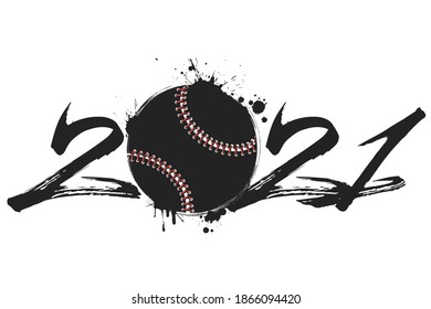 Abstract numbers 2021 and baseball ball made of blots in grunge style. 2021 New Year on an isolated background. Design pattern. Vector illustration