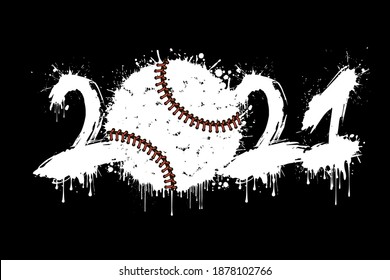 Abstract numbers 2021 and baseball ball made of blots in grunge style. 2021 New Year on an isolated background. Design pattern. Vector illustration