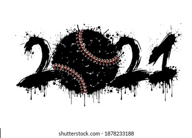 Abstract numbers 2021 and baseball ball made of blots in grunge style. 2021 New Year on an isolated background. Design pattern. Vector illustration