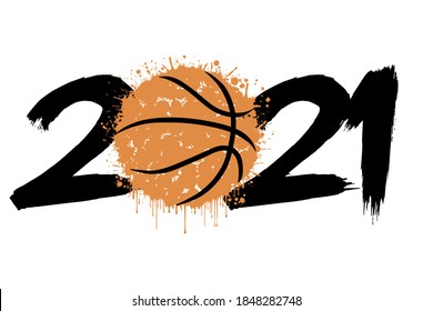 Abstract numbers 2021 and a basketball ball from blots. 2020 New Year on an isolated background. Design pattern for greeting card. Grunge style. Vector illustration