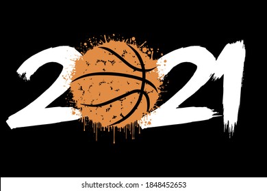 Abstract numbers 2021 and a basketball ball from blots. 2020 New Year on an isolated background. Design pattern for greeting card. Grunge style. Vector illustration