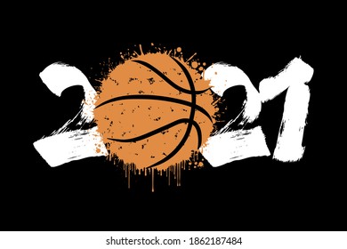 Abstract numbers 2021 and basketball ball made of blots in grunge style. 2021 New Year on an isolated background. Design pattern. Vector illustration