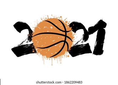 Abstract numbers 2021 and basketball ball made of blots in grunge style. 2021 New Year on an isolated background. Design pattern. Vector illustration