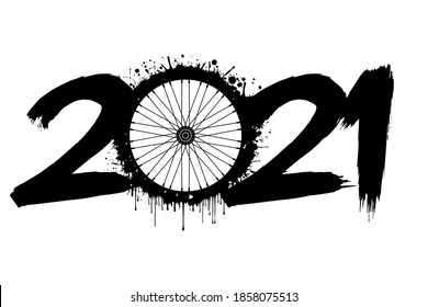 Abstract numbers 2021 and a bicycle wheel from blots. 2021 New Year on an isolated background. Design pattern for greeting card. Grunge style. Vector illustration