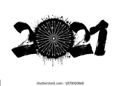 Abstract numbers 2021 and bicycle wheel made of blots in grunge style. 2021 New Year on an isolated background. Design pattern. Vector illustration