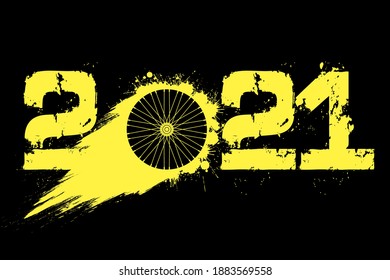 Abstract numbers 2021 and bicycle wheel made of blots in grunge style. 2021 New Year on an isolated background. Design pattern. Vector illustration
