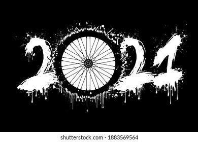 Abstract numbers 2021 and bicycle wheel made of blots in grunge style. 2021 New Year on an isolated background. Design pattern. Vector illustration