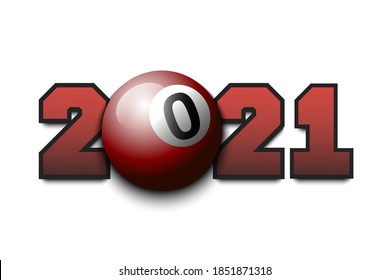Abstract numbers 2021 and billiard ball made of blots in grunge style. 2021 New Year on an isolated background. Design pattern. Vector illustration