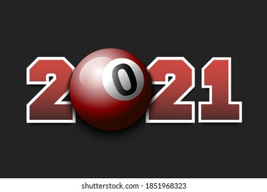Abstract numbers 2021 and billiard ball made of blots in grunge style. 2021 New Year on an isolated background. Design pattern. Vector illustration