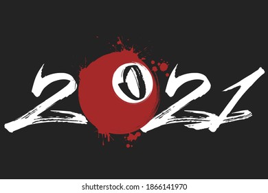 Abstract numbers 2021 and billiard ball made of blots in grunge style. 2021 New Year on an isolated background. Design pattern. Vector illustration