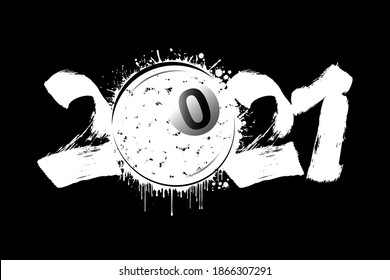 Abstract numbers 2021 and billiard ball made of blots in grunge style. 2021 New Year on an isolated background. Design pattern. Vector illustration