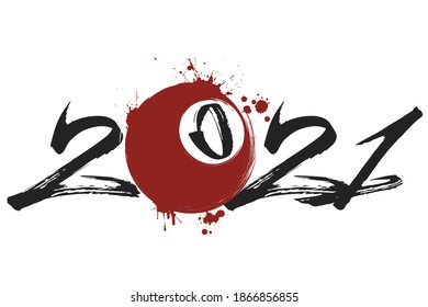 Abstract numbers 2021 and billiard ball made of blots in grunge style. 2021 New Year on an isolated background. Design pattern. Vector illustration