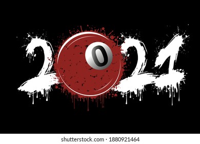 Abstract numbers 2021 and billiard ball made of blots in grunge style. 2021 New Year on an isolated background. Design pattern. Vector illustration
