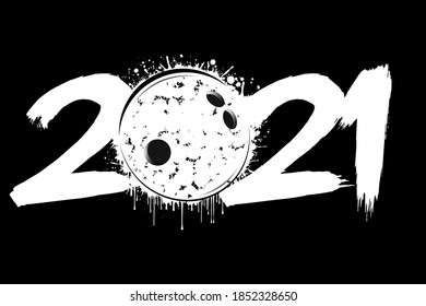 Resumen de números 2021 y una bola de bolos de las masas. Año Nuevo 2021 en un contexto aislado. Patrón de diseño para tarjeta de felicitación. Estilo Grunge. Ilustración del vector