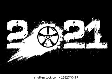 Abstract numbers 2021 and car wheel made of blots in grunge style. 2021 New Year on an isolated background. Design pattern. Vector illustration