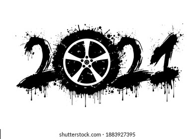Abstract numbers 2021 and car wheel made of blots in grunge style. 2021 New Year on an isolated background. Design pattern. Vector illustration