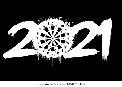 Abstract numbers 2021 and a dartboard from blots. 2021 New Year on an isolated white background. Design pattern for greeting card. Grunge style. Vector illustration