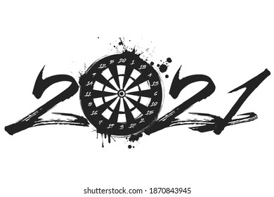 Abstract numbers 2021 and a dartboard made of blots in grunge style. 2020 New Year on an isolated background. Design pattern. Vector illustration