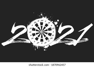 Abstract numbers 2021 and a dartboard made of blots in grunge style. 2020 New Year on an isolated background. Design pattern. Vector illustration