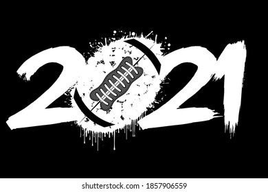 Abstract numbers 2021 and a football ball from blots. 2021 New Year on an isolated background. Design pattern for greeting card. Grunge style. Vector illustration