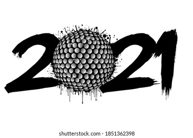 Abstract numbers 2021 and a golf ball from blots. 2021 New Year on an isolated background. Design pattern for greeting card. Grunge style. Vector illustration