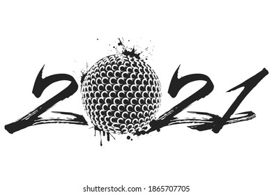 Abstrakte Zahlen 2021 und Golf Ball aus Blots im Grunge-Stil. 2021 Neujahr auf isoliertem Hintergrund. Design-Muster. Vektorgrafik